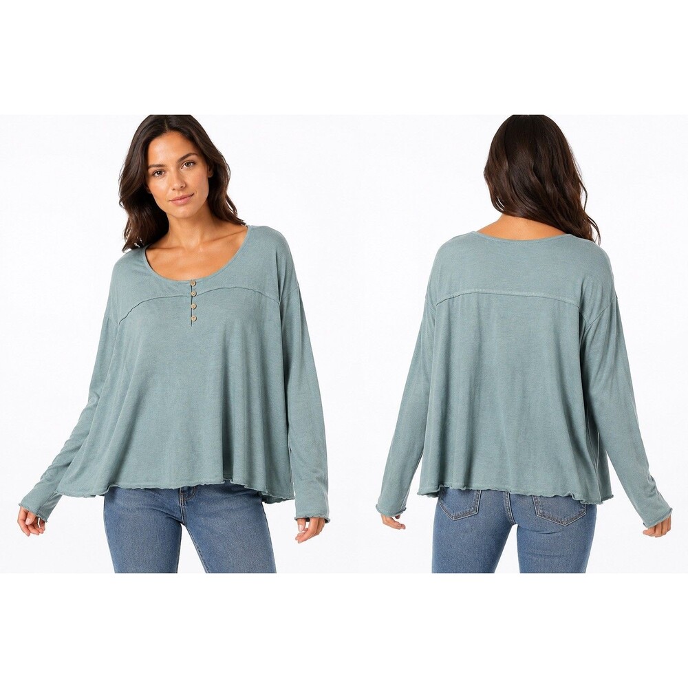 Easel Women’s Aqua I Solid Knit Long Sleeve Button Henley Top Size M